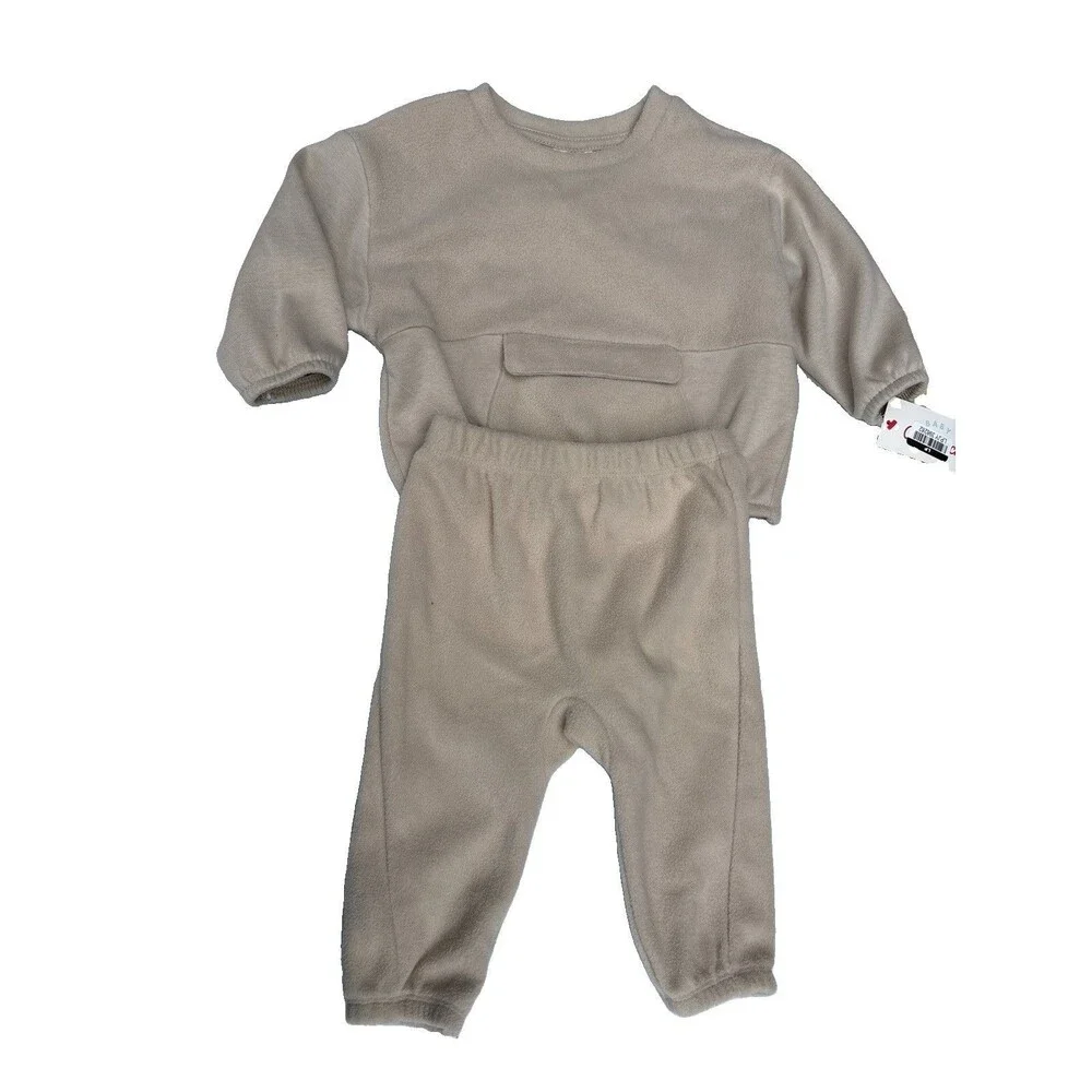Cat & Jack Outfit Set Baby Boys 12 Months Beige Fleece Sweatshirt Pants 2 Piece
